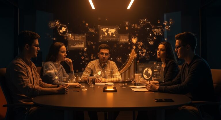 Jóvenes emprendedores colaborando en turismo sostenible con tecnología innovadora en España, representado en un ambiente futurista con luces naranja y negro.