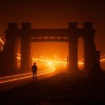 Turnpikes británicos del siglo XVIII iluminados en naranja y negro con un emprendedor observando la infraestructura que habilitó la Revolución Industrial y las lecciones de financiación y ROI para startups.