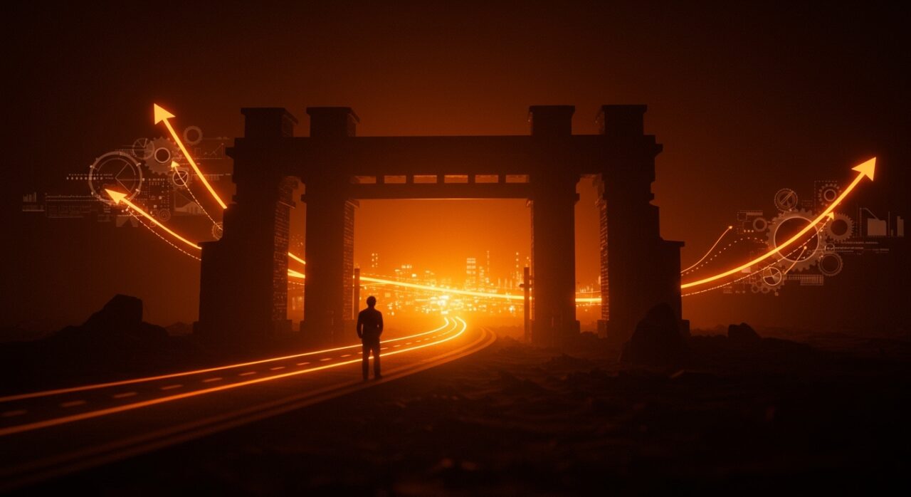 Turnpikes británicos del siglo XVIII iluminados en naranja y negro con un emprendedor observando la infraestructura que habilitó la Revolución Industrial y las lecciones de financiación y ROI para startups.