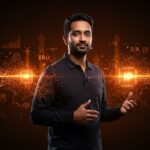 Praveen Neppalli Naga, CTO de Uber, en StrictlyVC SF con hologramas de IA representando 4000 ingenieros trabajando con inteligencia artificial en startups.