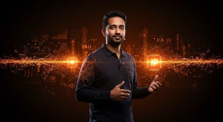 Praveen Neppalli Naga, CTO de Uber, en StrictlyVC SF con hologramas de IA representando 4000 ingenieros trabajando con inteligencia artificial en startups.