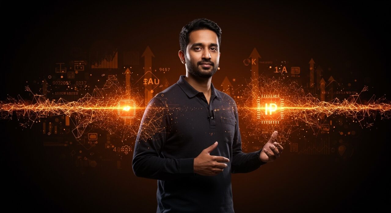 Praveen Neppalli Naga, CTO de Uber, en StrictlyVC SF con hologramas de IA representando 4000 ingenieros trabajando con inteligencia artificial en startups.