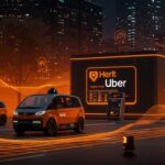 Flota de robotaxis autónomos gestionados automáticamente por Uber y Hertz en un entorno urbano tecnológico, destacando movilidad autónoma y startups de tecnología.