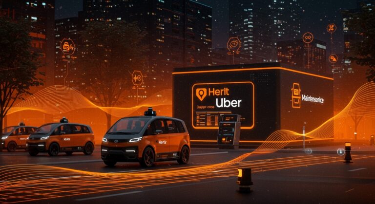Flota de robotaxis autónomos gestionados automáticamente por Uber y Hertz en un entorno urbano tecnológico, destacando movilidad autónoma y startups de tecnología.