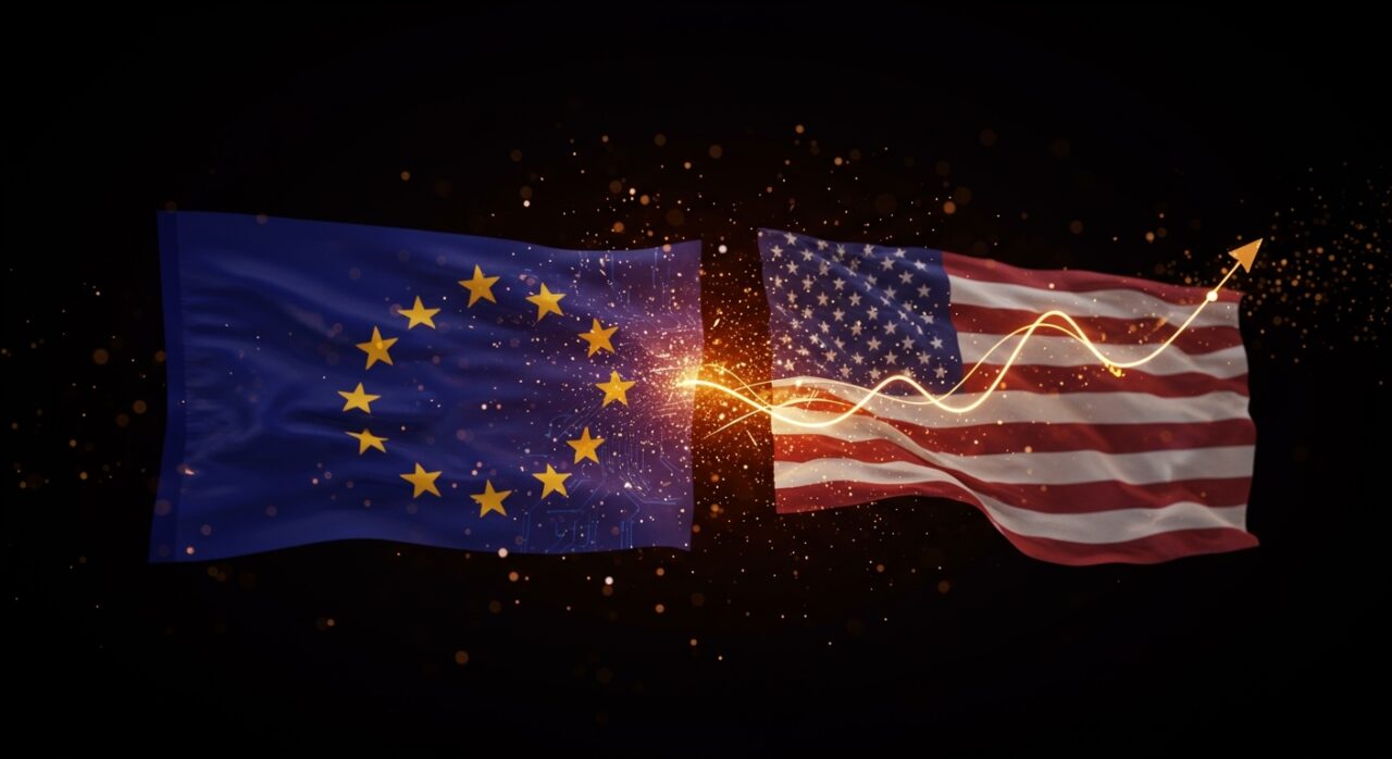 Ilustración conceptual sobre la presión de EE. UU. sobre la UE en las regulaciones tech Digital Services Act y Digital Markets Act, impactando startups europeas.