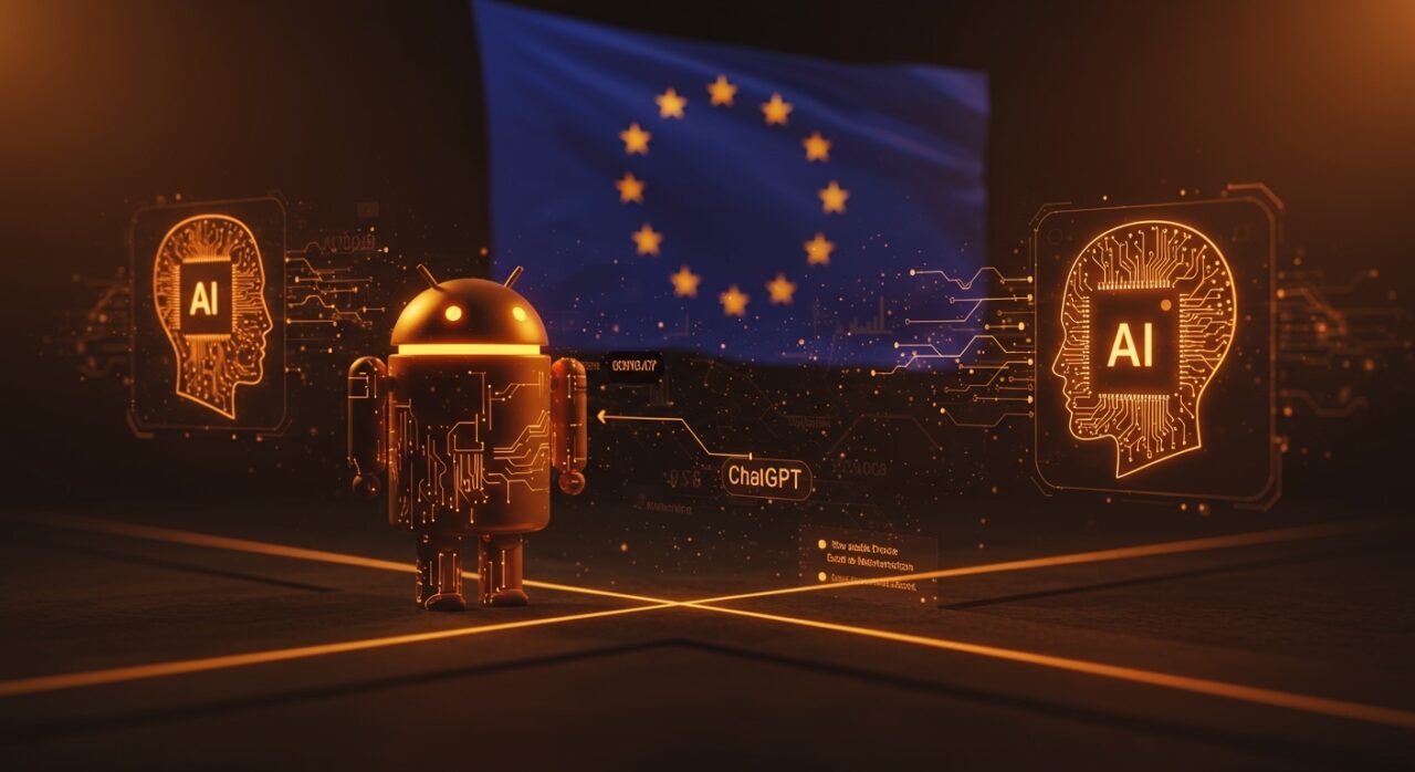 Ilustración conceptual de la regulación UE obligando a Google a abrir Android a IA competidora como ChatGPT, destacando oportunidades para startups de inteligencia artificial móvil.
