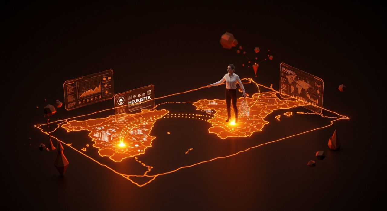 Inversión de Unicaja en startup vasca Heuristik con migración a Granada representada con luces naranjas y símbolos de IA.