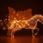 Unicornio transformándose en red de startups innovadoras en Catalunya con símbolos de IA, inversión y salud.