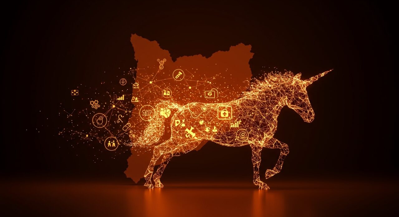 Unicornio transformándose en red de startups innovadoras en Catalunya con símbolos de IA, inversión y salud.