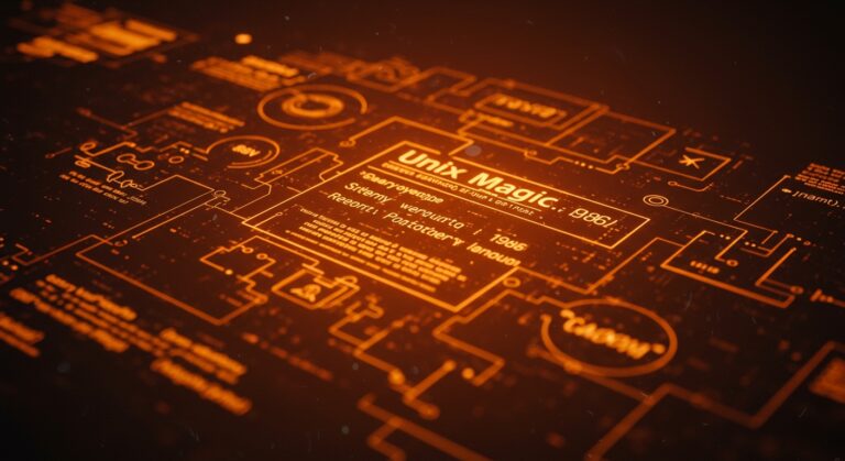 Póster Unix Magic 1986 con anotaciones digitales, representando la historia de Unix y su influencia en la comunidad developer y startups modernas.