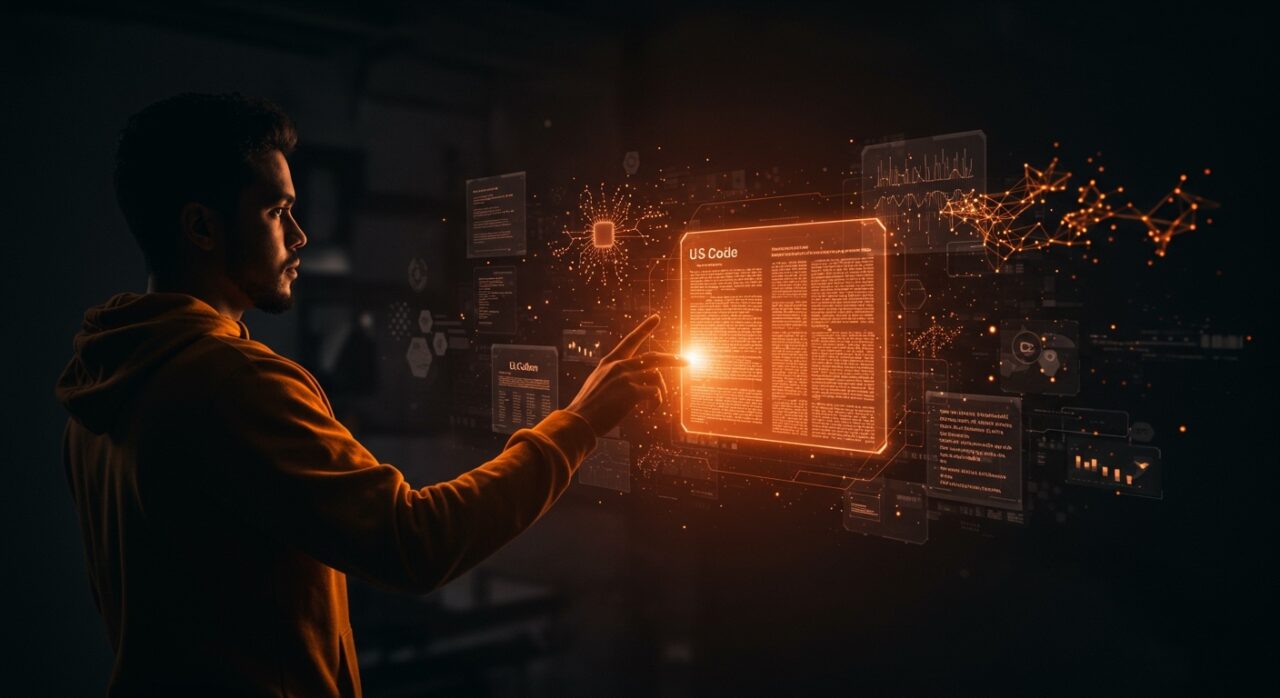 Automatización legal con IA y GitHub mostrando versión digital del Código de EE.UU. en interfaz futurista con elementos tecnológicos y startup tech.