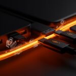 Cables USB-C de alta potencia y velocidad iluminados en naranja y negro, destacando transferencia rápida de datos y carga para startups de tecnología.