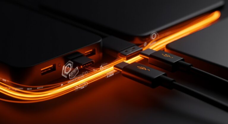 Cables USB-C de alta potencia y velocidad iluminados en naranja y negro, destacando transferencia rápida de datos y carga para startups de tecnología.