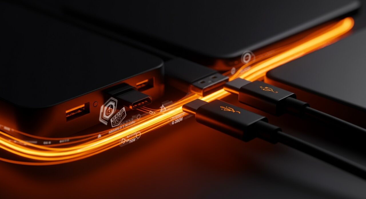 Cables USB-C de alta potencia y velocidad iluminados en naranja y negro, destacando transferencia rápida de datos y carga para startups de tecnología.