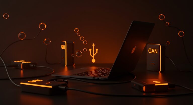 Laptop con puerto USB-C y cargadores GaN iluminados en tonos naranjas y negros, simbolizando la carga rápida y la innovación tecnológica para startups en la UE 2026.