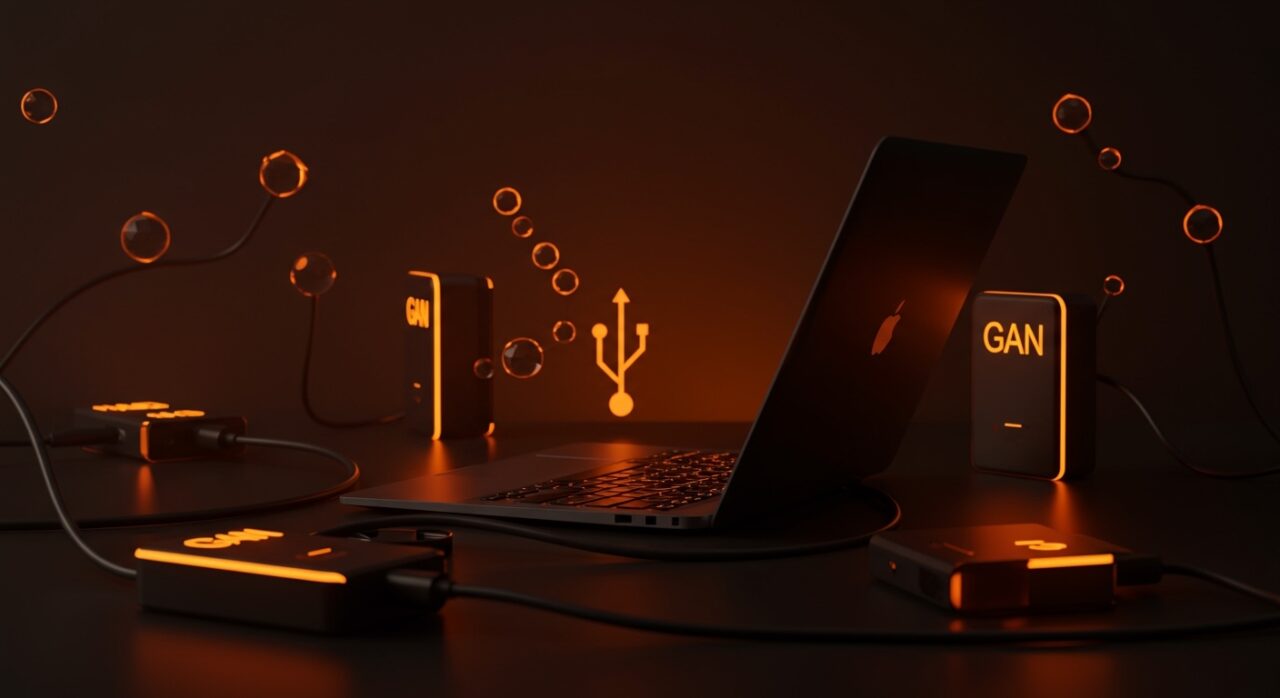 Laptop con puerto USB-C y cargadores GaN iluminados en tonos naranjas y negros, simbolizando la carga rápida y la innovación tecnológica para startups en la UE 2026.