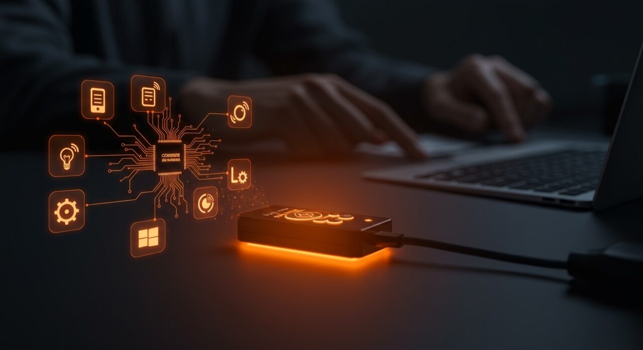 USB IR Transceiver open source en espacio de trabajo tecnológico simbolizando hardware abierto y automatización en legado de Iguanaworks.