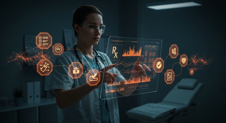 Profesional de salud usando inteligencia artificial para la renovación automatizada de recetas médicas en un entorno healthtech innovador en Utah.