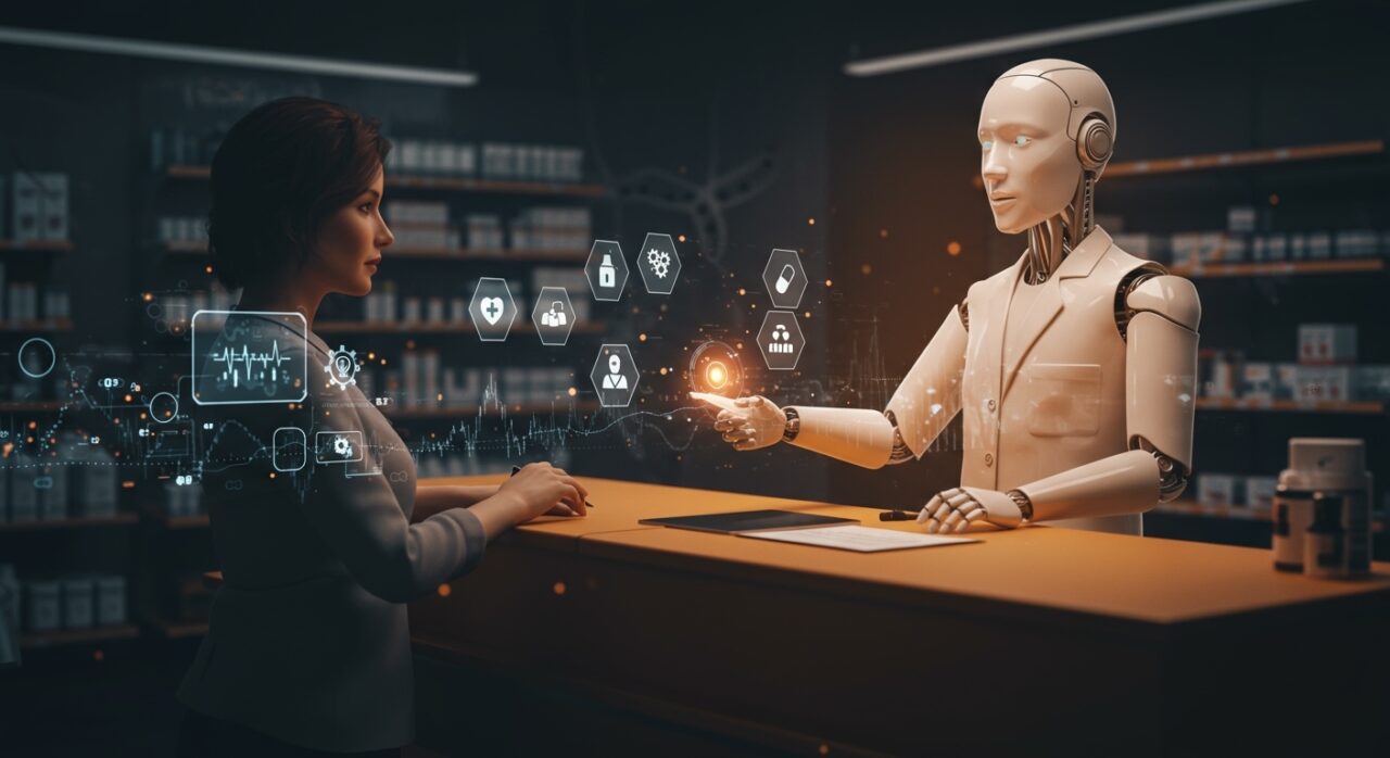 Inteligencia artificial renovando recetas médicas en farmacia futurista, destacando salud digital y automatización en Utah.