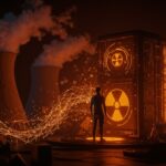 Fundador visionario frente a un centro de datos nuclear iluminado, simbolizando financiamiento para IA y tecnología en startups innovadoras.