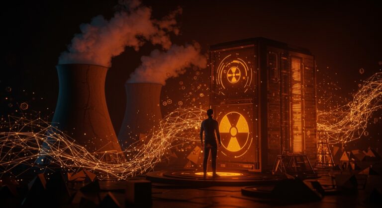 Fundador visionario frente a un centro de datos nuclear iluminado, simbolizando financiamiento para IA y tecnología en startups innovadoras.