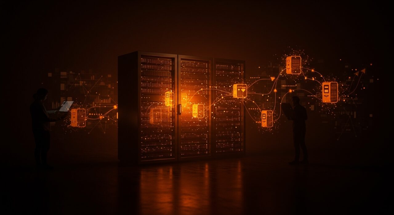 Visualización futurista de almacenamiento de datos para IA mostrando la importancia de la capa de datos y la inversión en startups tecnológicas.