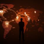 Founder de startups LATAM frente a mapa digital con iconos de tecnologías de defensa y flujos de inversión venture capital en el VC Latam Summit 2026.