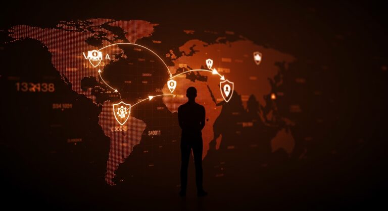 Founder de startups LATAM frente a mapa digital con iconos de tecnologías de defensa y flujos de inversión venture capital en el VC Latam Summit 2026.