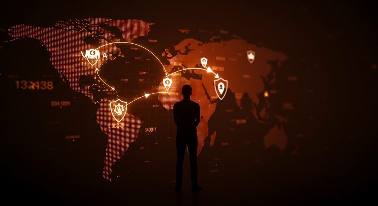 Founder de startups LATAM frente a mapa digital con iconos de tecnologías de defensa y flujos de inversión venture capital en el VC Latam Summit 2026.