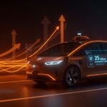 Vehículo autónomo Waymo operando en entorno urbano futurista resaltando la movilidad autónoma y oportunidades para startups tecnológicos.