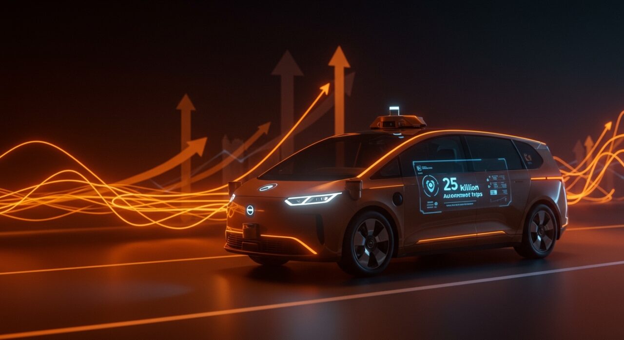 Vehículo autónomo Waymo operando en entorno urbano futurista resaltando la movilidad autónoma y oportunidades para startups tecnológicos.