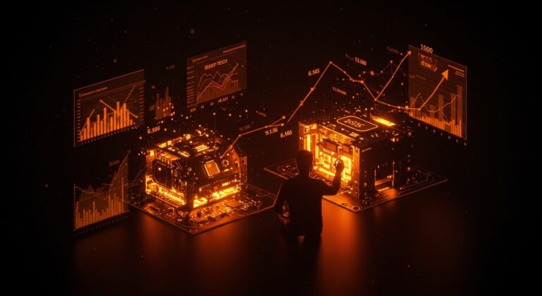 Founder analizando hardware avanzado iluminado en naranja, simbolizando la inversión creciente en deep tech y venture capital en 2026.