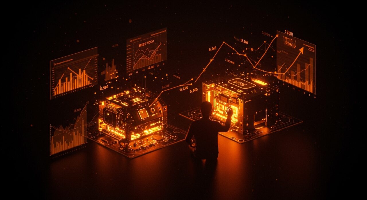 Founder analizando hardware avanzado iluminado en naranja, simbolizando la inversión creciente en deep tech y venture capital en 2026.