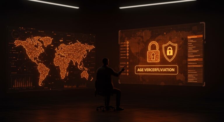 Verificación de edad obligatoria en servicios DNS representada con interfaz digital y elementos de seguridad en contexto de startups tecnológicas.