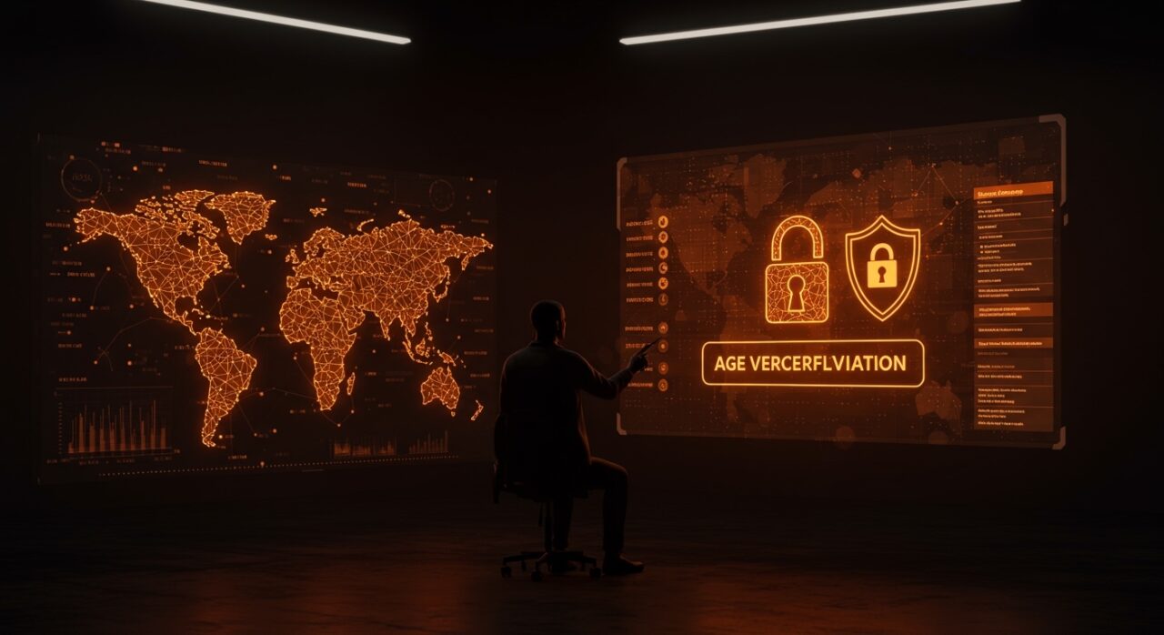 Verificación de edad obligatoria en servicios DNS representada con interfaz digital y elementos de seguridad en contexto de startups tecnológicas.