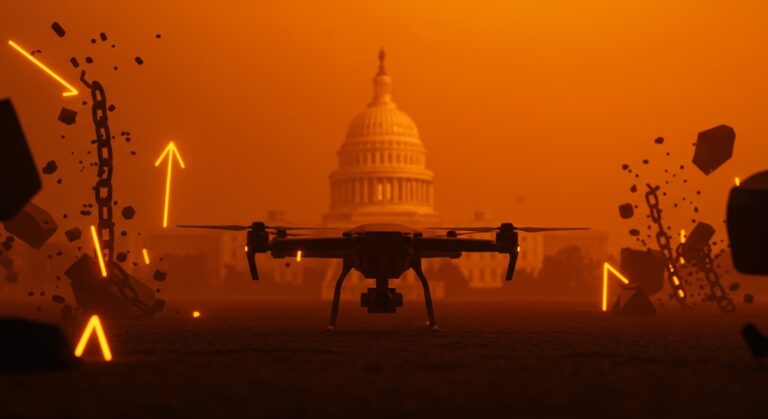 Impacto del veto a DJI en Estados Unidos 2026 representado con dron inactivo y metáforas de bloqueo tecnológico y falta de alternativas.