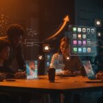 Fundadores de startups colaborando frente a hologramas de apps y redes neuronales que representan IA y automatización en Apple App Store.