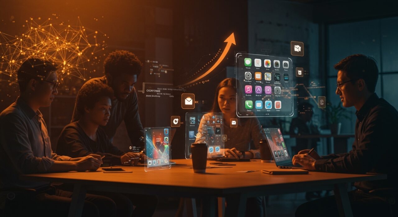 Fundadores de startups colaborando frente a hologramas de apps y redes neuronales que representan IA y automatización en Apple App Store.