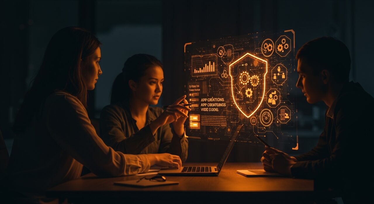 Equipo de startup audita interfaces digitales para gestionar riesgos en vibe coding y gobernanza empresarial con inteligencia artificial.