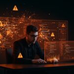 Riesgos reales de vibe coding en IA para startups, mostrando fundador preocupado frente a código defectuoso y alertas de seguridad en sectores regulados.