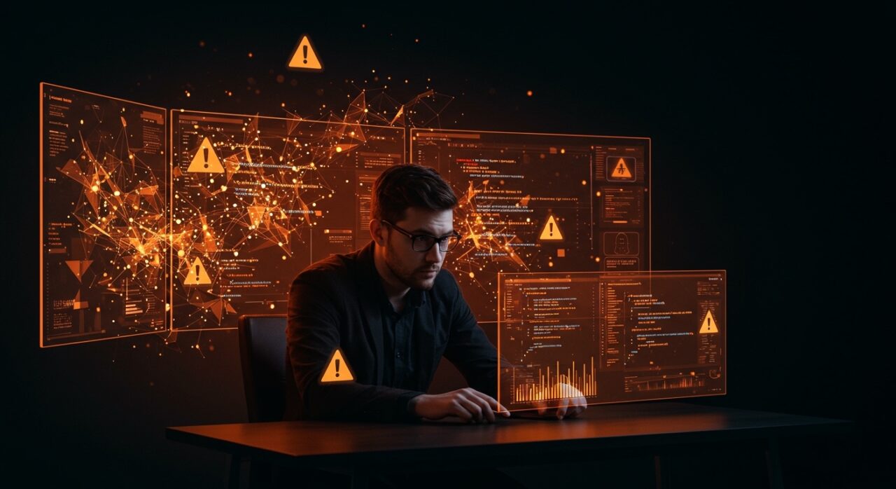 Riesgos reales de vibe coding en IA para startups, mostrando fundador preocupado frente a código defectuoso y alertas de seguridad en sectores regulados.