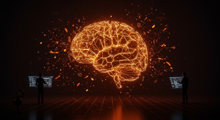 Fracaso del 75% en IA debido a observabilidad fragmentada, ilustrado con cerebro digital fracturado y equipo startup analizando datos tecnológicos.