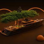 Superyate de lujo Virtuosity construido alrededor de un árbol vivo, ejemplificando diseño innovador y biofilia en arquitectura naval.