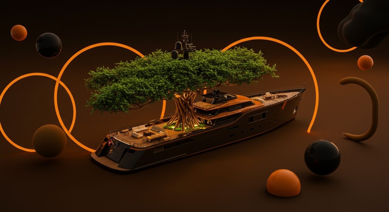 Superyate de lujo Virtuosity construido alrededor de un árbol vivo, ejemplificando diseño innovador y biofilia en arquitectura naval.