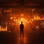 Fundador tech en LATAM contemplando tendencias de mercado 2026 entre corporativismo y antiintelectualismo en un entorno digital futurista.