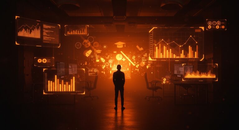 Fundador tech en LATAM contemplando tendencias de mercado 2026 entre corporativismo y antiintelectualismo en un entorno digital futurista.