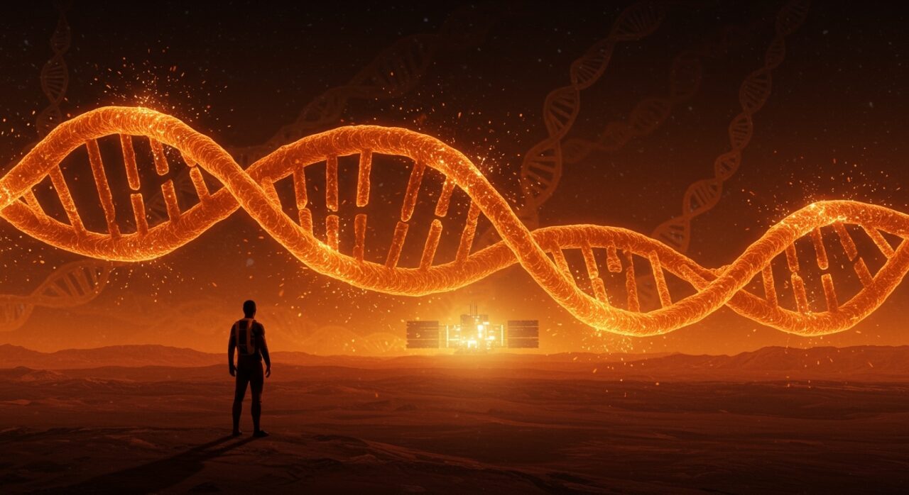 Visualización futurista de la colonización de Marte destacando evolución humana, ética y tecnología espacial en ecosistema startup.