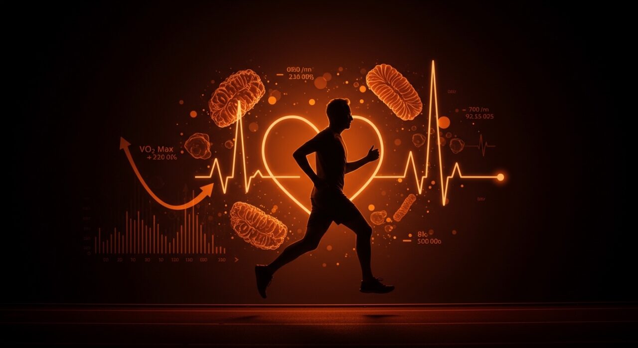 Fundador activo simbolizando la optimización del VO2 max y la longevidad mediante entrenamiento y salud cardiovascular.