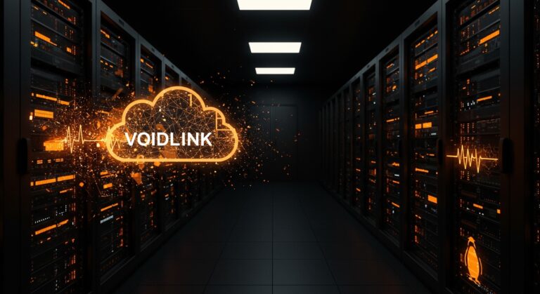VoidLink malware IA representado infiltrando infraestructura cloud Linux en un entorno de ciberseguridad para startups.