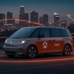 Microautobús autónomo Volkswagen ID. Buzz realizando pruebas de robotaxis en Los Ángeles con Uber, ilustrando la innovación en movilidad autónoma y transporte urbano.